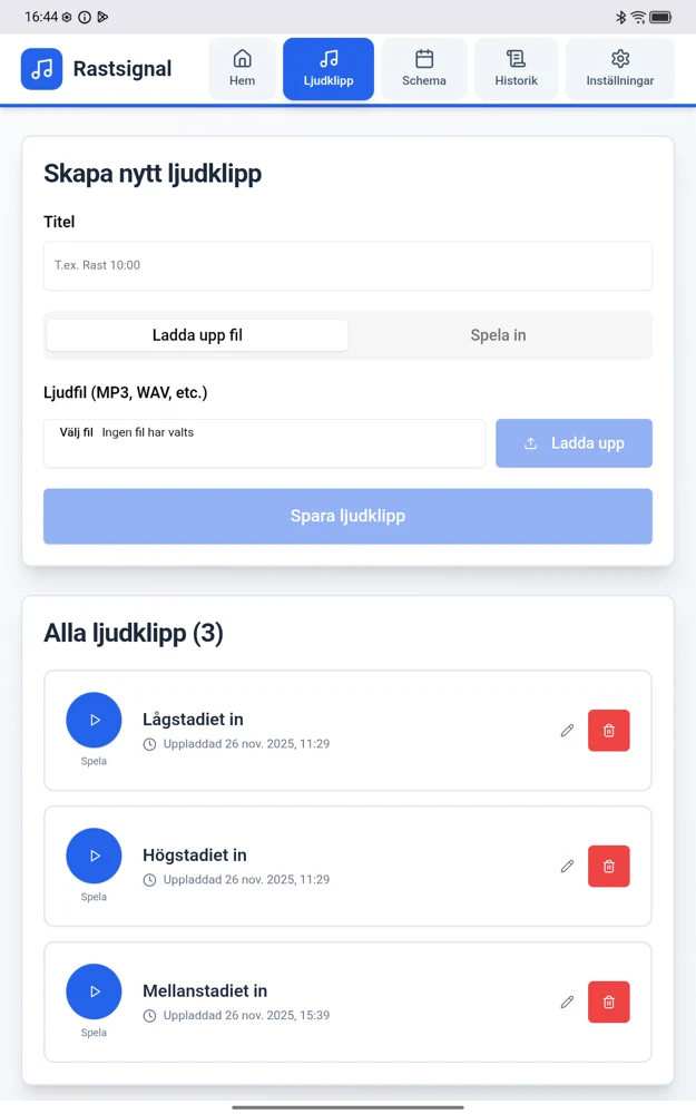 Ljudklippsbibliotek med uppladdning och inspelning