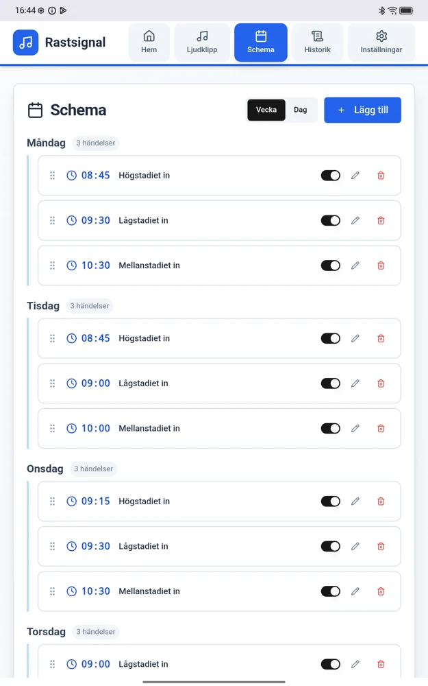 Veckoschema med ringtider